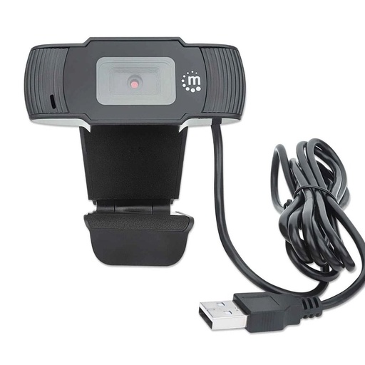 [CM198] Manhattan USB Webcam Two Megapixels 1080p Full HD USB-A Plug Integrated Microphone Adjustable Clip Base - 462006 - Black